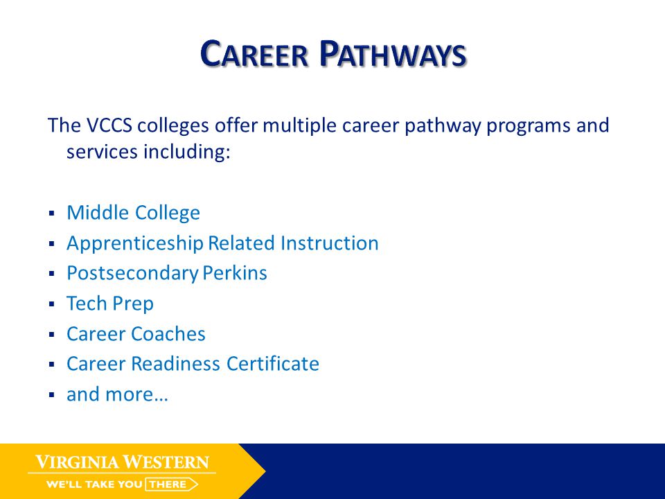 The VCCS colleges offer multiple career pathway programs and services including:  Middle College  Apprenticeship Related Instruction  Postsecondary Perkins  Tech Prep  Career Coaches  Career Readiness Certificate  and more…