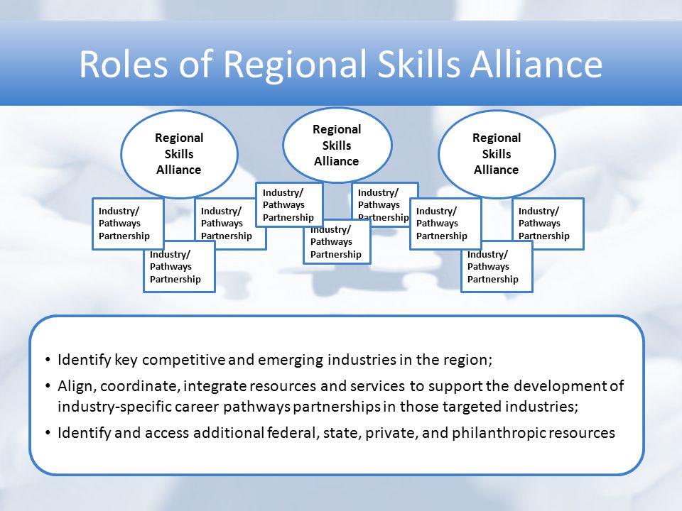 Roles of Regional Skills Alliance Regional Skills Alliance Industry/ Pathways Partnership Industry/ Pathways Partnership Industry/ Pathways Partnership Identify key competitive and emerging industries in the region; Align, coordinate, integrate resources and services to support the development of industry-specific career pathways partnerships in those targeted industries; Identify and access additional federal, state, private, and philanthropic resources Regional Skills Alliance Industry/ Pathways Partnership Industry/ Pathways Partnership Industry/ Pathways Partnership Regional Skills Alliance Industry/ Pathways Partnership Industry/ Pathways Partnership Industry/ Pathways Partnership