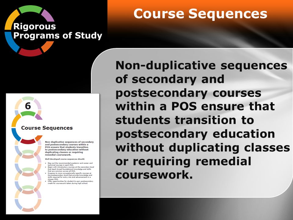Course Sequences Non-duplicative sequences of secondary and postsecondary courses within a POS ensure that students transition to postsecondary education without duplicating classes or requiring remedial coursework.