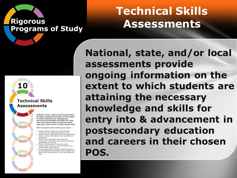 Technical Skills Assessments National, state, and/or local assessments provide ongoing information on the extent to which students are attaining the necessary knowledge and skills for entry into & advancement in postsecondary education and careers in their chosen POS.