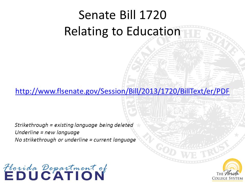 Senate Bill 1720 Relating to Education   Strikethrough = existing language being deleted Underline = new language No strikethrough or underline = current language
