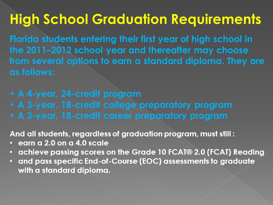 High School Graduation Requirements Florida students entering their first year of high school in the 2011–2012 school year and thereafter may choose from several options to earn a standard diploma.