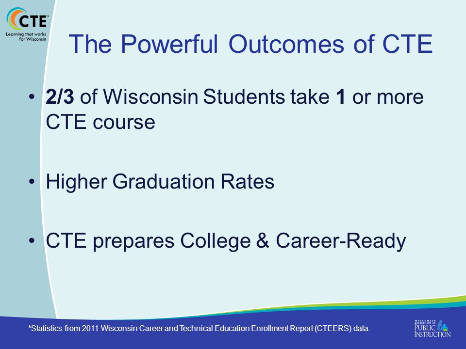 The Powerful Outcomes of CTE 2/3 of Wisconsin Students take 1 or more CTE course Higher Graduation Rates CTE prepares College & Career-Ready *Statistics from 2011 Wisconsin Career and Technical Education Enrollment Report (CTEERS) data.