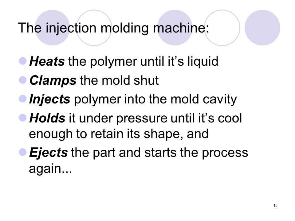 10 The injection molding machine: Heats the polymer until it’s liquid Clamps the mold shut Injects polymer into the mold cavity Holds it under pressure until it’s cool enough to retain its shape, and Ejects the part and starts the process again...