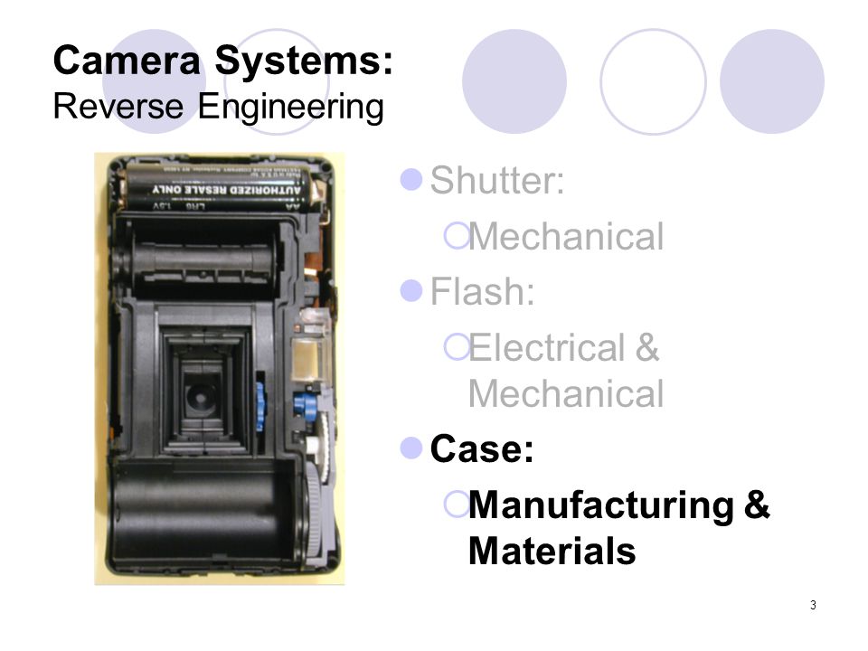 3 Camera Systems: Reverse Engineering Shutter:  Mechanical Flash:  Electrical & Mechanical Case:  Manufacturing & Materials