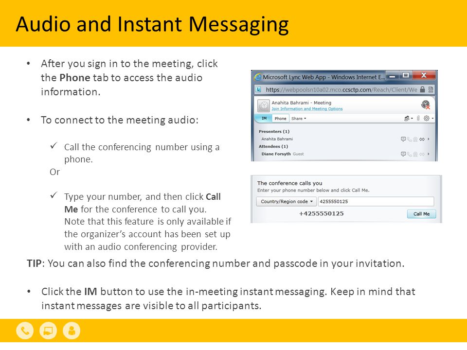 Audio and Instant Messaging After you sign in to the meeting, click the Phone tab to access the audio information.