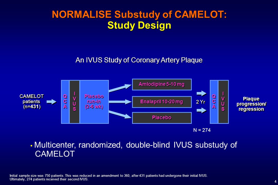 4 Placebo run-in (2-6 wk) Enalapril mg Amlodipine 5-10 mg NORMALISE Substudy of CAMELOT: Study Design CAMELOT patients (n=431) 2 Yr An IVUS Study of Coronary Artery Plaque IVUSIVUSIVUSIVUS Plaque progression/ regression regression Placebo Multicenter, randomized, double-blind IVUS substudy of CAMELOT QCAQCAQCAQCA IVUSIVUSIVUSIVUS QCAQCAQCAQCA N = 274 Initial sample size was 750 patients.