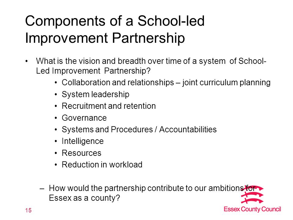 Components of a School-led Improvement Partnership What is the vision and breadth over time of a system of School- Led Improvement Partnership.