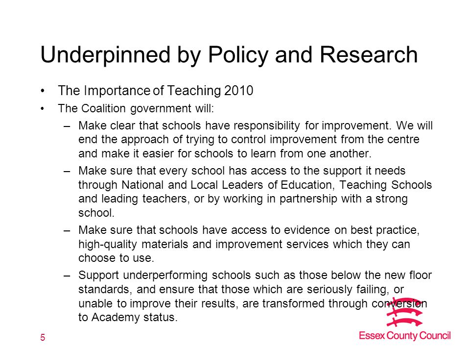Underpinned by Policy and Research The Importance of Teaching 2010 The Coalition government will: –Make clear that schools have responsibility for improvement.