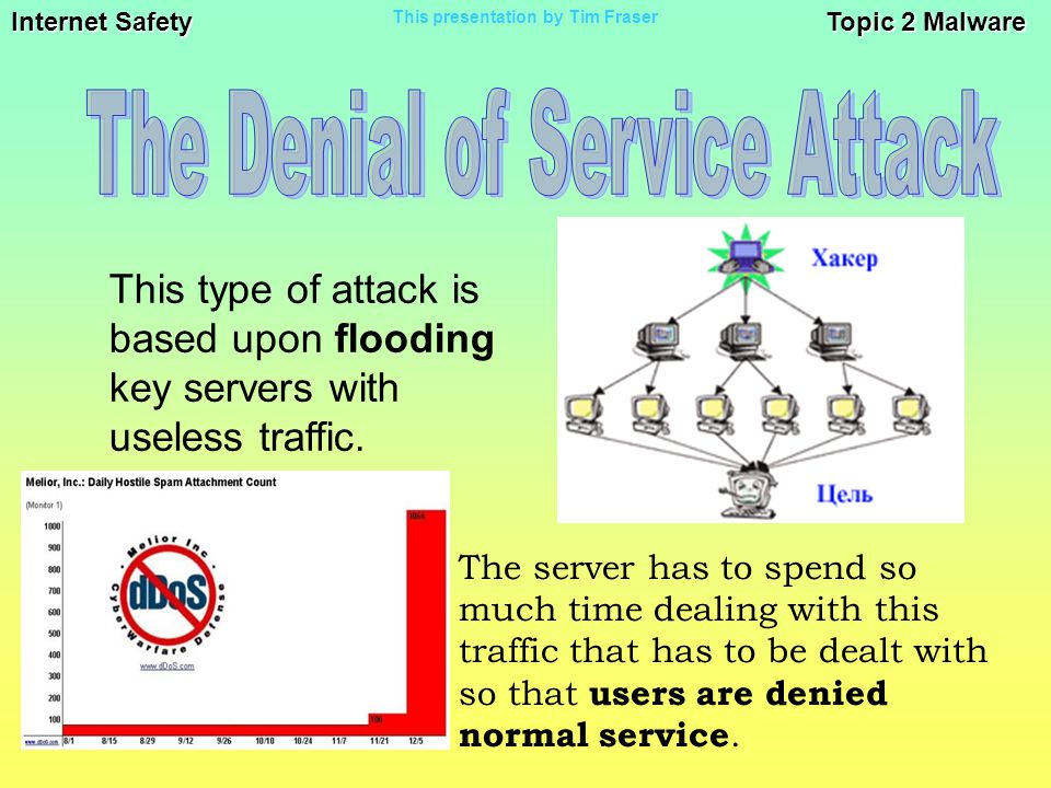 Internet Safety Topic 2 Malware This presentation by Tim Fraser This type of attack is based upon flooding key servers with useless traffic.