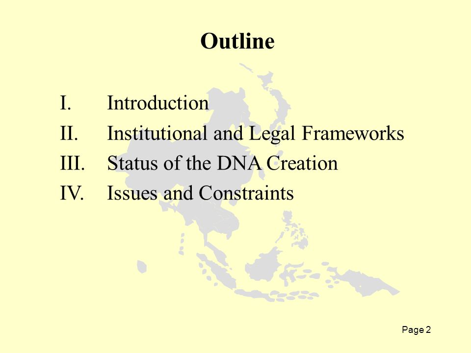 Page 2 I. Introduction II. Institutional and Legal Frameworks III.Status of the DNA Creation IV.