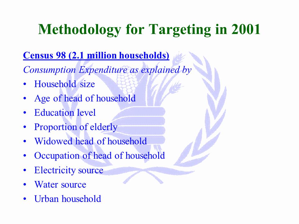 Methodology for Targeting in 2001 Socio-Economic Survey (3,000 households) Consumption Expenditure as explained by Household size Age of head of household Education level Proportion of elderly Widowed head of household Occupation of head of household Electricity source Water source Urban household