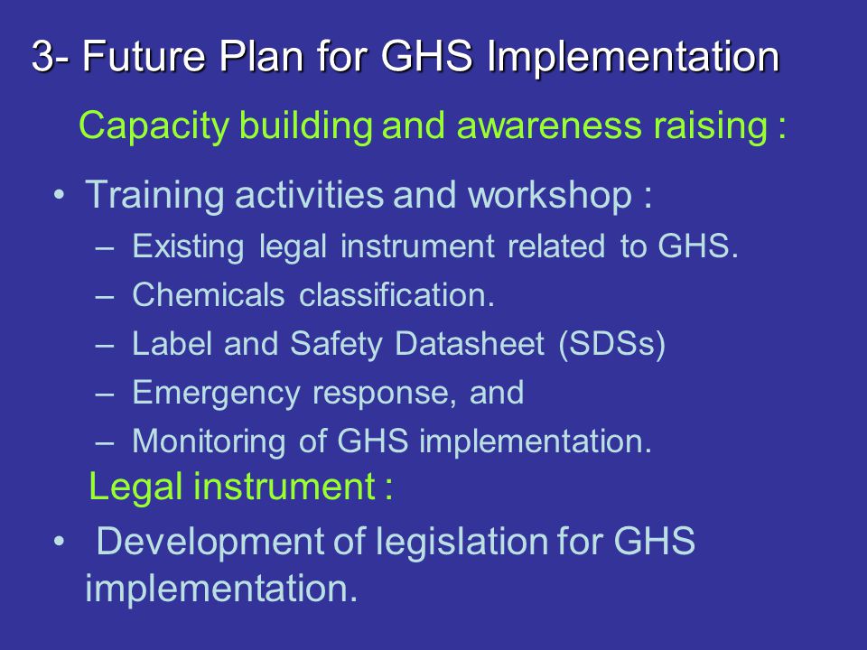 3- Future Plan for GHS Implementation Training activities and workshop : – Existing legal instrument related to GHS.
