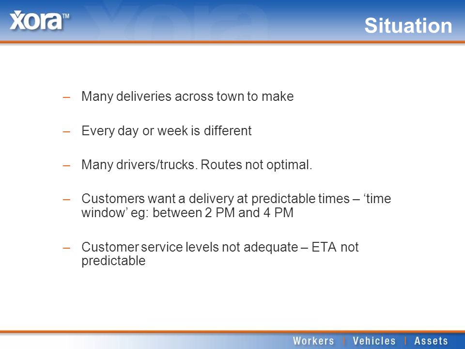 Situation –Many deliveries across town to make –Every day or week is different –Many drivers/trucks.