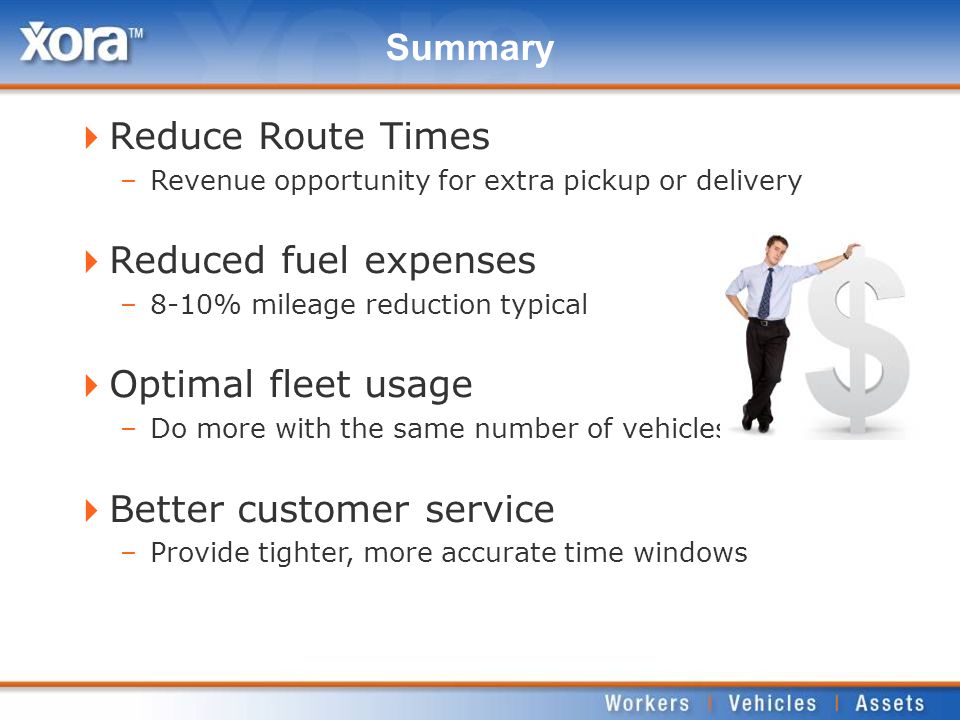  Reduce Route Times –Revenue opportunity for extra pickup or delivery  Reduced fuel expenses –8-10% mileage reduction typical  Optimal fleet usage –Do more with the same number of vehicles  Better customer service –Provide tighter, more accurate time windows Summary