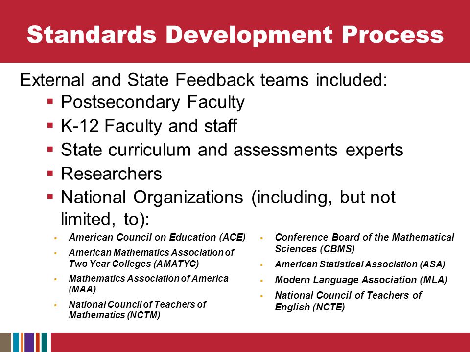 Standards Development Process External and State Feedback teams included:  Postsecondary Faculty  K-12 Faculty and staff  State curriculum and assessments experts  Researchers  National Organizations (including, but not limited, to):  American Council on Education (ACE)  American Mathematics Association of Two Year Colleges (AMATYC)  Mathematics Association of America (MAA)  National Council of Teachers of Mathematics (NCTM)  Conference Board of the Mathematical Sciences (CBMS)  American Statistical Association (ASA)  Modern Language Association (MLA)  National Council of Teachers of English (NCTE)
