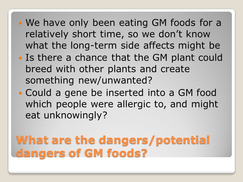 What are the dangers/potential dangers of GM foods.