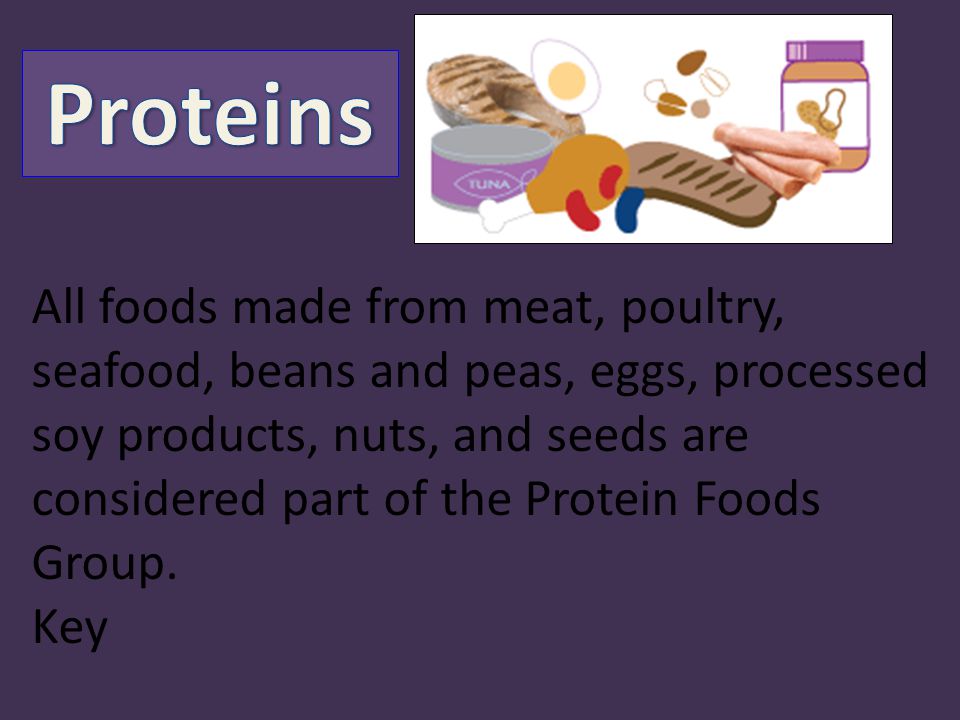All foods made from meat, poultry, seafood, beans and peas, eggs, processed soy products, nuts, and seeds are considered part of the Protein Foods Group.