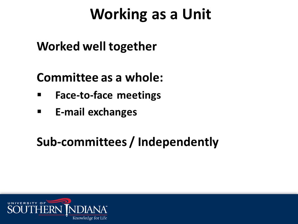 Worked well together Committee as a whole:  Face-to-face meetings   exchanges Sub-committees / Independently