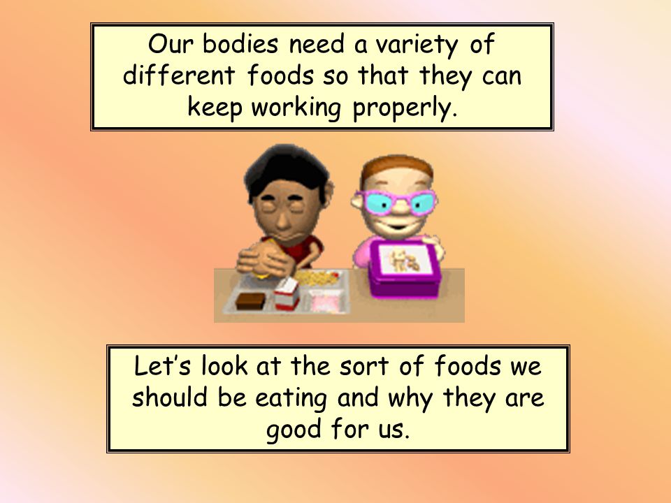 Our bodies need a variety of different foods so that they can keep working properly.