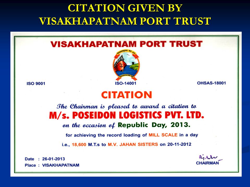 CITATION GIVEN BY VISAKHAPATNAM PORT TRUST