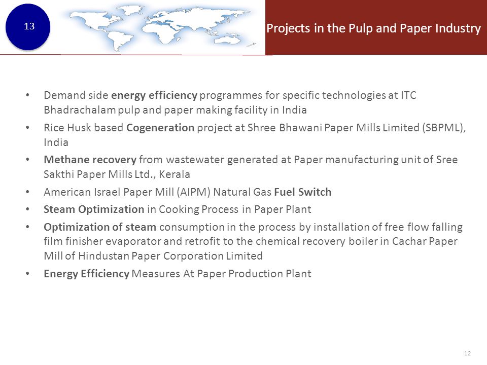 CDM Projects in the Pulp and Paper Industry Demand side energy efficiency programmes for specific technologies at ITC Bhadrachalam pulp and paper making facility in India Rice Husk based Cogeneration project at Shree Bhawani Paper Mills Limited (SBPML), India Methane recovery from wastewater generated at Paper manufacturing unit of Sree Sakthi Paper Mills Ltd., Kerala American Israel Paper Mill (AIPM) Natural Gas Fuel Switch Steam Optimization in Cooking Process in Paper Plant Optimization of steam consumption in the process by installation of free flow falling film finisher evaporator and retrofit to the chemical recovery boiler in Cachar Paper Mill of Hindustan Paper Corporation Limited Energy Efficiency Measures At Paper Production Plant 12 13