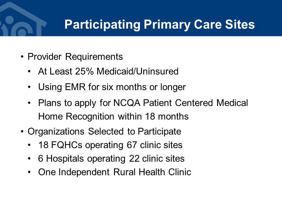 Participating Primary Care Sites Provider Requirements At Least 25% Medicaid/Uninsured Using EMR for six months or longer Plans to apply for NCQA Patient Centered Medical Home Recognition within 18 months Organizations Selected to Participate 18 FQHCs operating 67 clinic sites 6 Hospitals operating 22 clinic sites One Independent Rural Health Clinic