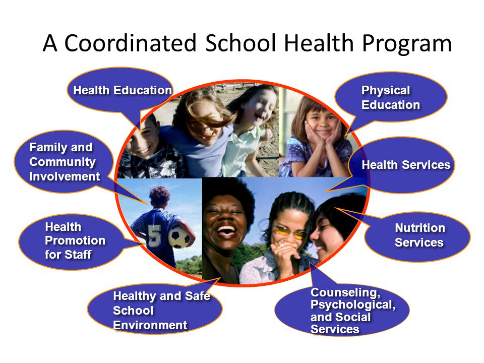 A Coordinated School Health Program Healthy and Safe School Environment Health Promotion for Staff Health Promotion for Staff Physical Education Health Education Health Services Counseling, Psychological, and Social Services Nutrition Services Nutrition Services Family and Community Involvement