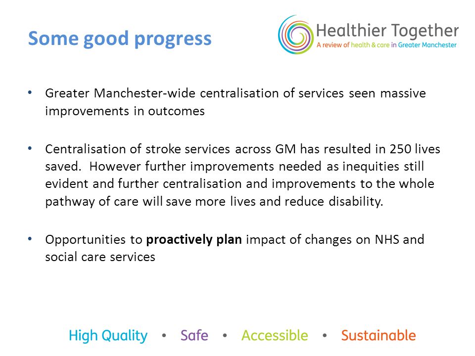 Some good progress Greater Manchester-wide centralisation of services seen massive improvements in outcomes Centralisation of stroke services across GM has resulted in 250 lives saved.