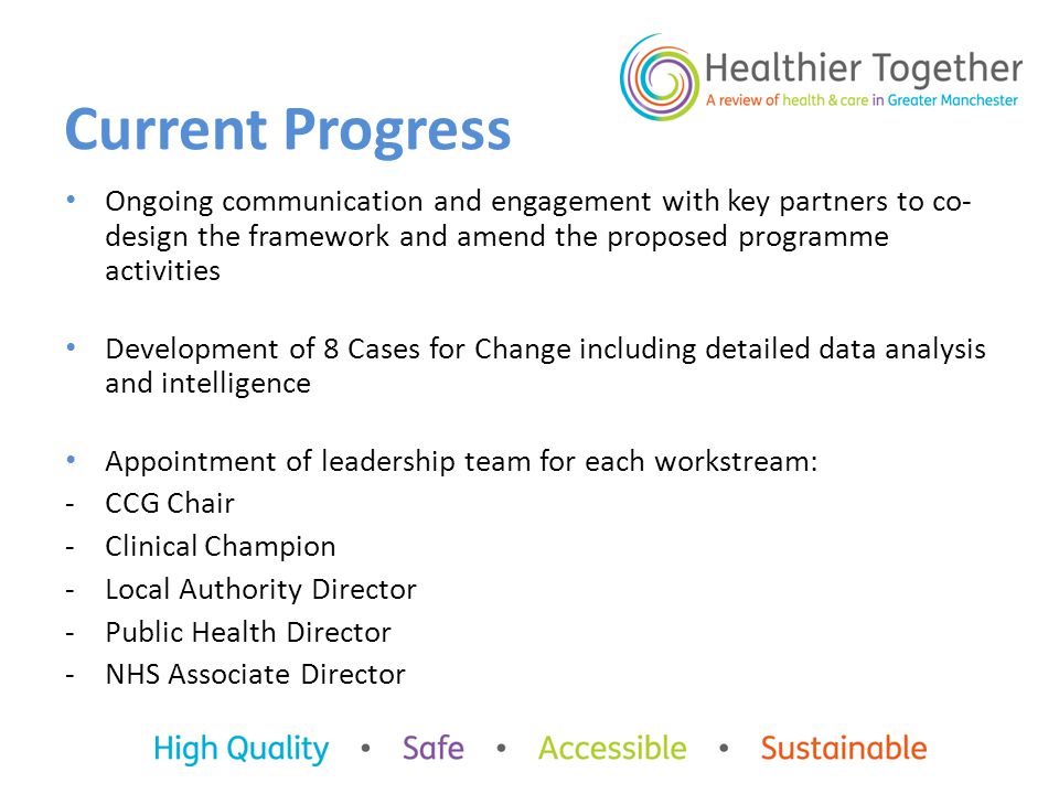 Current Progress Ongoing communication and engagement with key partners to co- design the framework and amend the proposed programme activities Development of 8 Cases for Change including detailed data analysis and intelligence Appointment of leadership team for each workstream: -CCG Chair -Clinical Champion -Local Authority Director -Public Health Director -NHS Associate Director