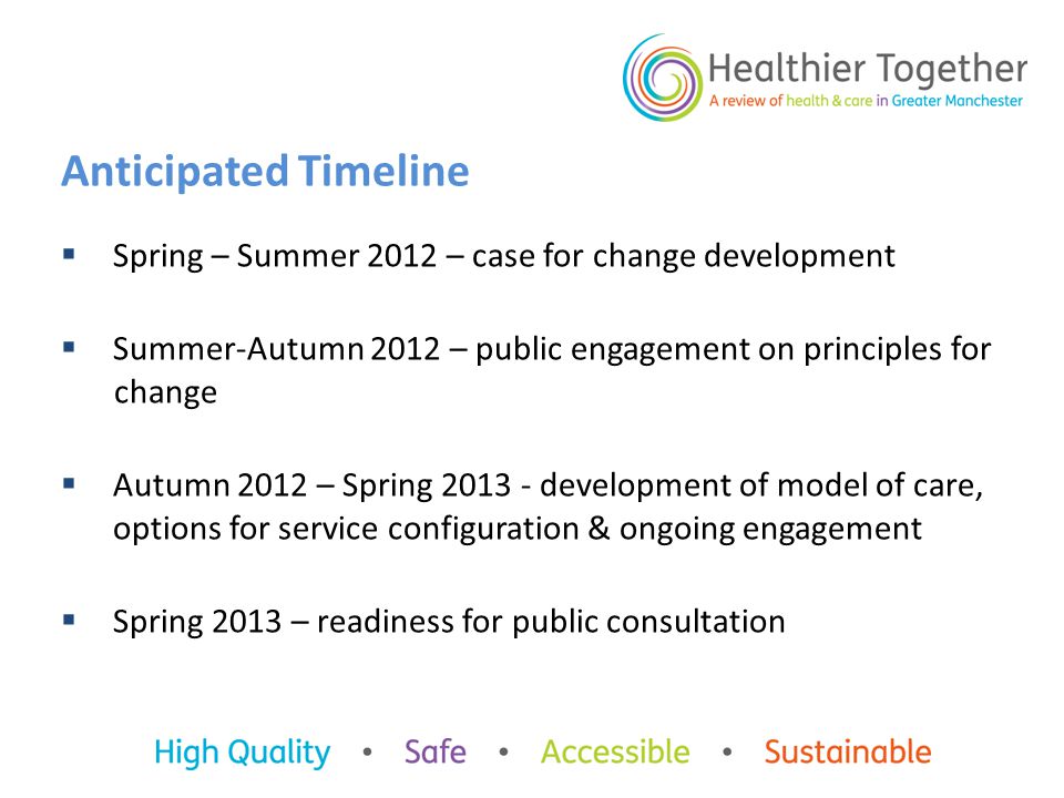 Anticipated Timeline  Spring – Summer 2012 – case for change development  Summer-Autumn 2012 – public engagement on principles for change  Autumn 2012 – Spring development of model of care, options for service configuration & ongoing engagement  Spring 2013 – readiness for public consultation