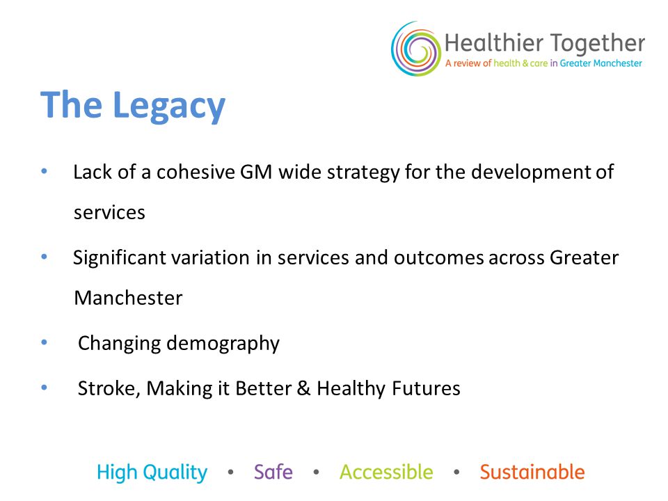 The Legacy Lack of a cohesive GM wide strategy for the development of services Significant variation in services and outcomes across Greater Manchester Changing demography Stroke, Making it Better & Healthy Futures