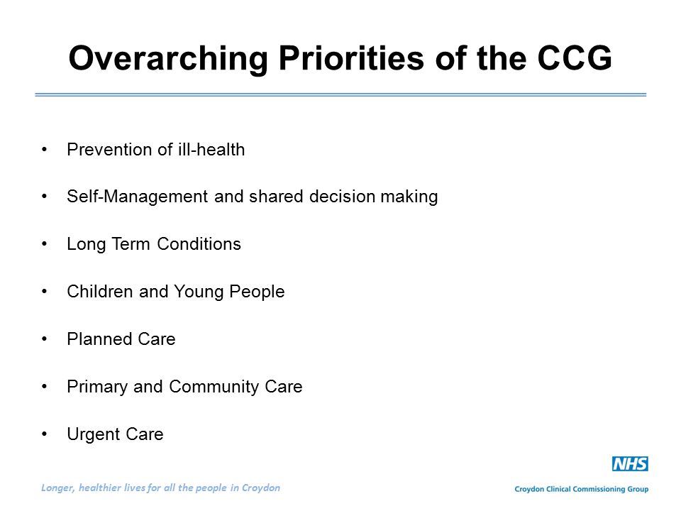 Longer, healthier lives for all the people in Croydon Overarching Priorities of the CCG Prevention of ill-health Self-Management and shared decision making Long Term Conditions Children and Young People Planned Care Primary and Community Care Urgent Care