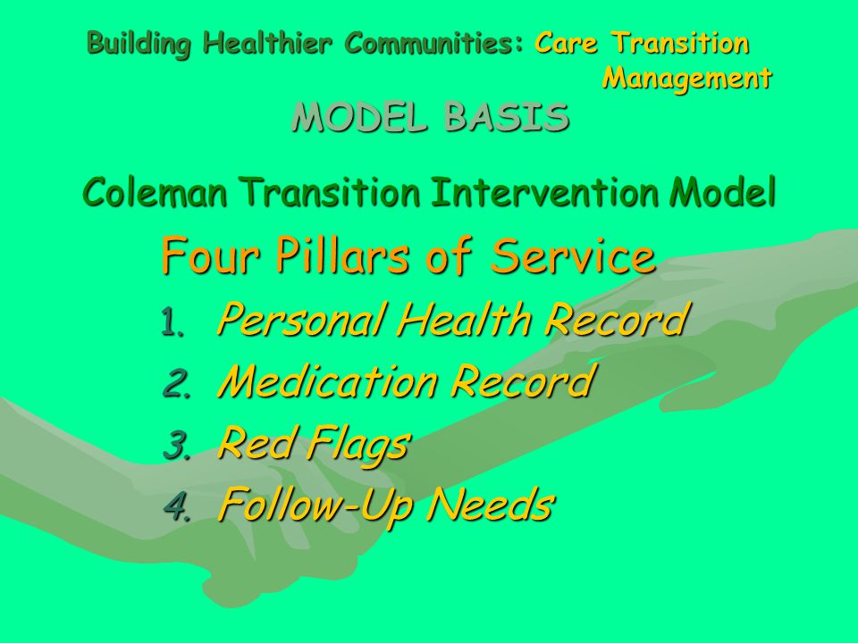 Building Healthier Communities: Care Transition Management MODEL BASIS Coleman Transition Intervention Model Four Pillars of Service 1.