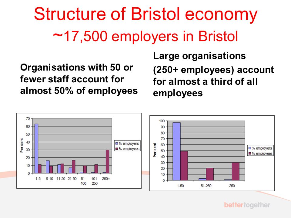 Structure of Bristol economy ~ 17,500 employers in Bristol Organisations with 50 or fewer staff account for almost 50% of employees Large organisations (250+ employees) account for almost a third of all employees