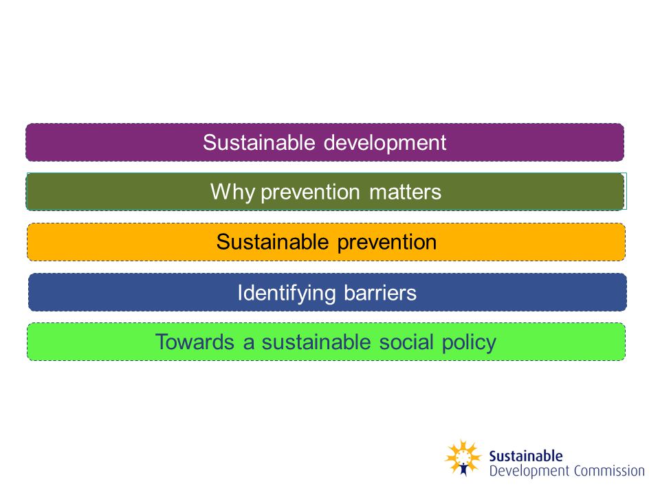 Sustainable development Why prevention matters Sustainable prevention Identifying barriers Towards a sustainable social policy