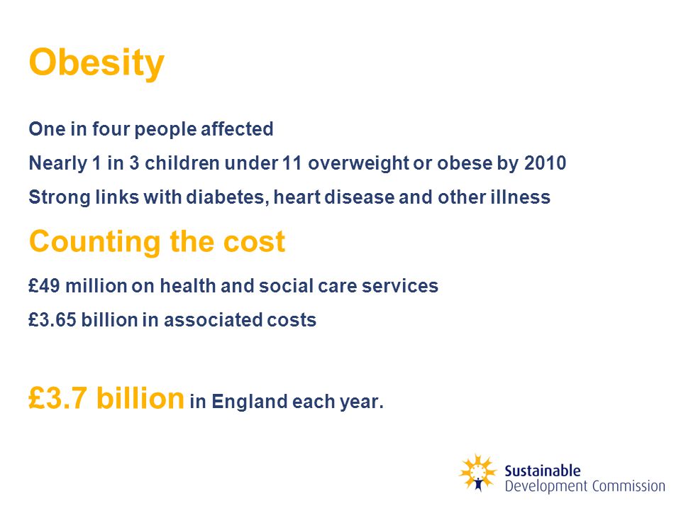 Obesity One in four people affected Nearly 1 in 3 children under 11 overweight or obese by 2010 Strong links with diabetes, heart disease and other illness Counting the cost £49 million on health and social care services £3.65 billion in associated costs £3.7 billion in England each year.