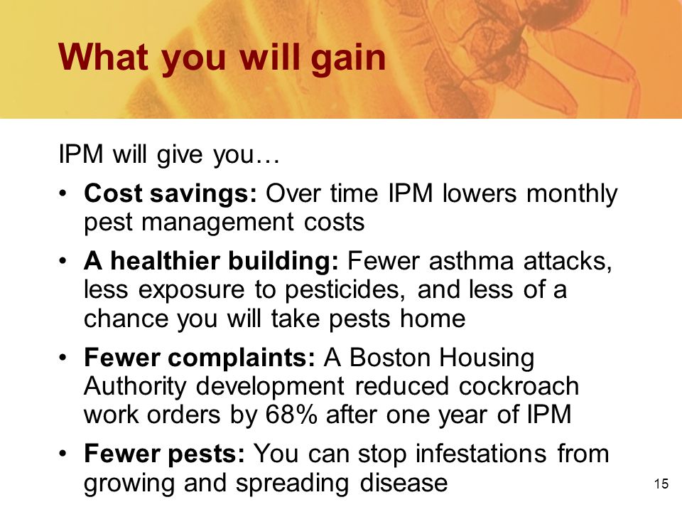 15 What you will gain IPM will give you… Cost savings: Over time IPM lowers monthly pest management costs A healthier building: Fewer asthma attacks, less exposure to pesticides, and less of a chance you will take pests home Fewer complaints: A Boston Housing Authority development reduced cockroach work orders by 68% after one year of IPM Fewer pests: You can stop infestations from growing and spreading disease