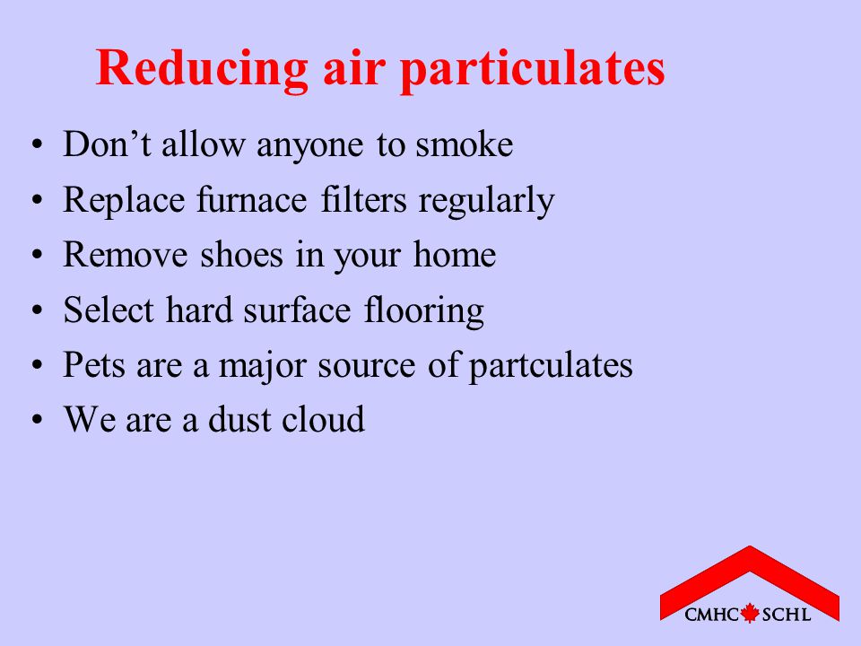 Reducing air particulates Don’t allow anyone to smoke Replace furnace filters regularly Remove shoes in your home Select hard surface flooring Pets are a major source of partculates We are a dust cloud