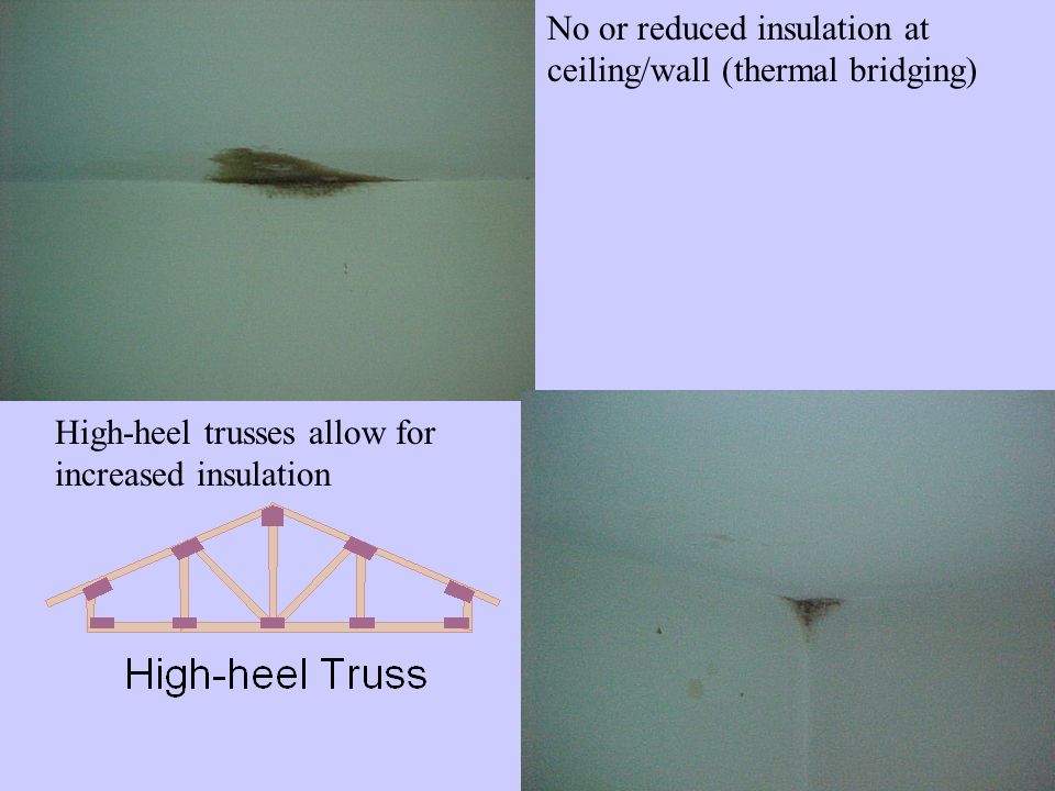 No or reduced insulation at ceiling/wall (thermal bridging) High-heel trusses allow for increased insulation
