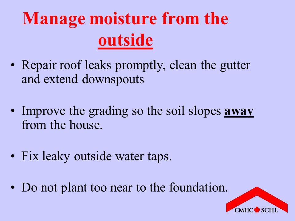 Manage moisture from the outside Repair roof leaks promptly, clean the gutter and extend downspouts Improve the grading so the soil slopes away from the house.