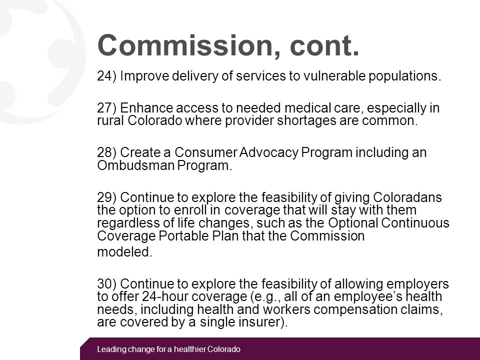 Leading change for a healthier Colorado Commission, cont.