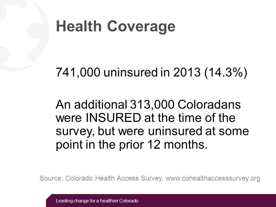 Leading change for a healthier Colorado Health Coverage 741,000 uninsured in 2013 (14.3%) An additional 313,000 Coloradans were INSURED at the time of the survey, but were uninsured at some point in the prior 12 months.