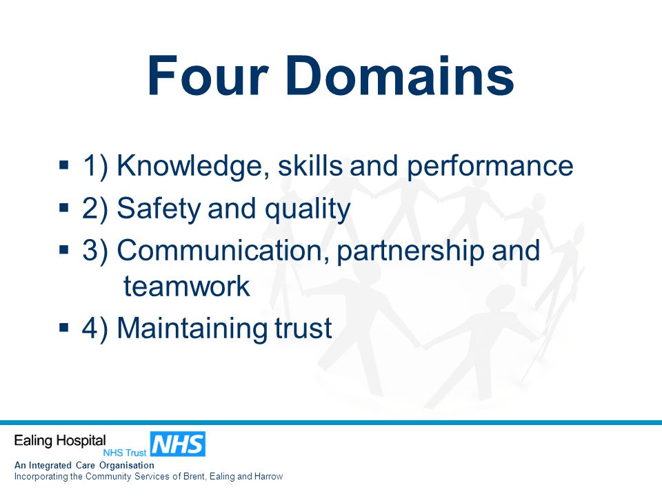 An Integrated Care Organisation Incorporating the Community Services of Brent, Ealing and Harrow Four Domains  1) Knowledge, skills and performance  2) Safety and quality  3) Communication, partnership and teamwork  4) Maintaining trust