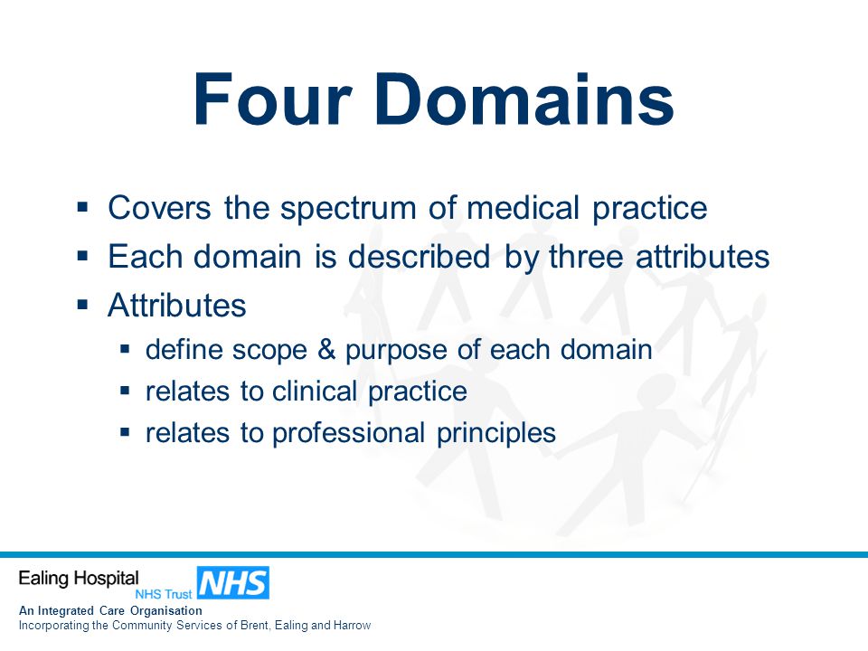 An Integrated Care Organisation Incorporating the Community Services of Brent, Ealing and Harrow Four Domains  Covers the spectrum of medical practice  Each domain is described by three attributes  Attributes  define scope & purpose of each domain  relates to clinical practice  relates to professional principles
