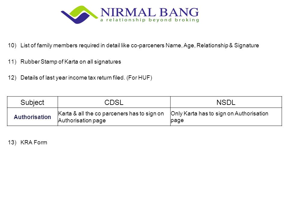 10) List of family members required in detail like co-parceners Name, Age, Relationship & Signature 11) Rubber Stamp of Karta on all signatures 12) Details of last year income tax return filed.