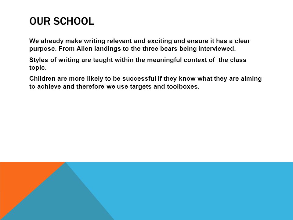 OUR SCHOOL We already make writing relevant and exciting and ensure it has a clear purpose.