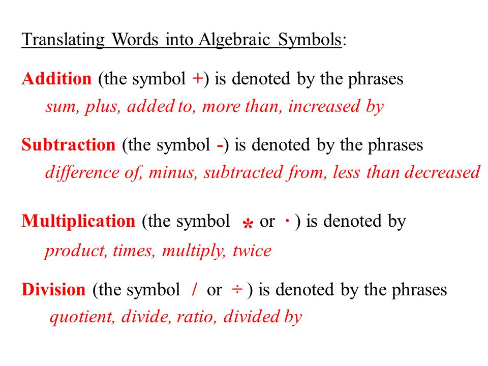 Translating Words into Algebraic Symbols: Addition (the symbol +) is denoted by the phrases sum, plus, added to, more than, increased by Subtraction (the symbol -) is denoted by the phrases difference of, minus, subtracted from, less than decreased Multiplication (the symbol * or · ) is denoted by product, times, multiply, twice Division (the symbol / or ÷ ) is denoted by the phrases quotient, divide, ratio, divided by