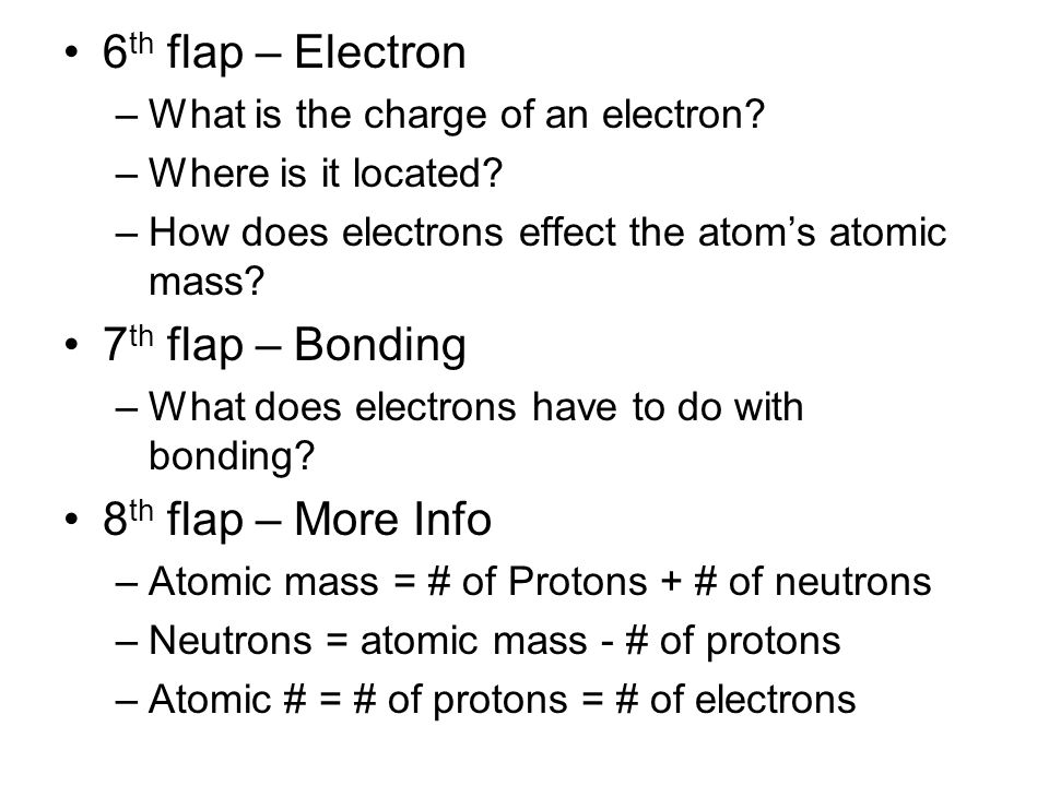 6 th flap – Electron –What is the charge of an electron.