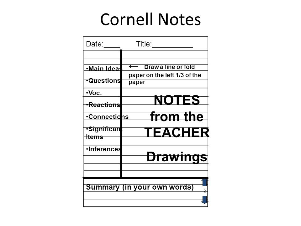 Cornell Notes Date:____ ← Draw a line or fold paper on the left 1/3 of the paper Title:__________ Main Ideas Questions Voc.